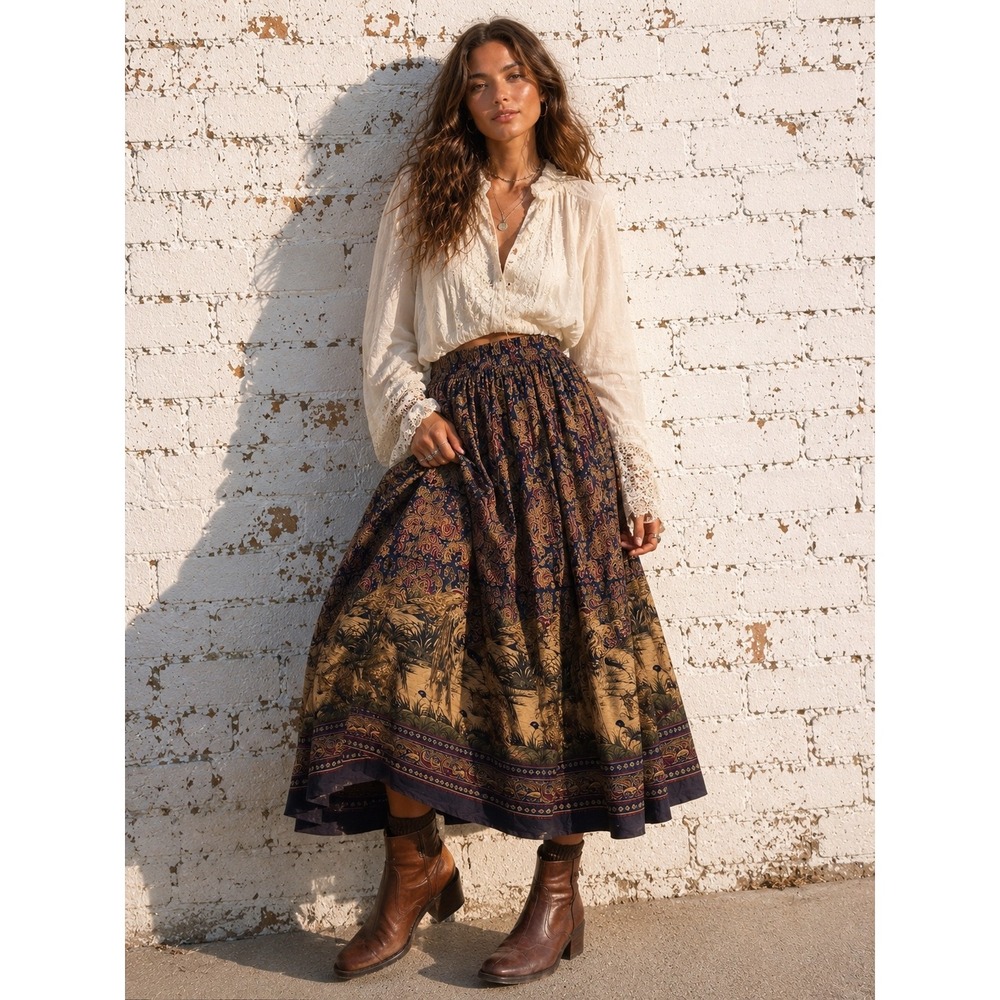 Vintage Maria Christina II Blue Rayon Paisley Duck Bird Print Maxi Skirt 2X